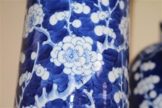 A pair of 19th century Chinese blue and white sleeve vases, three further vases and a ginger jar tallest 30.5cm
